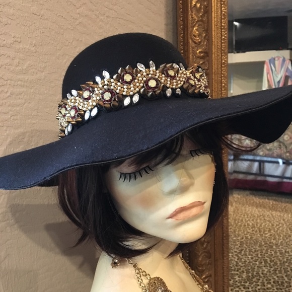 Accessories - Black Floppy Wool Hat Added Bling